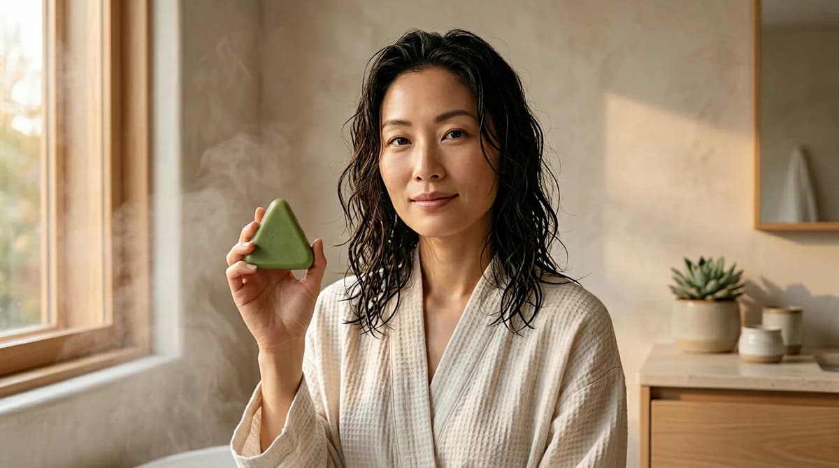 Woman with wet hair holding the bar in soft morning light