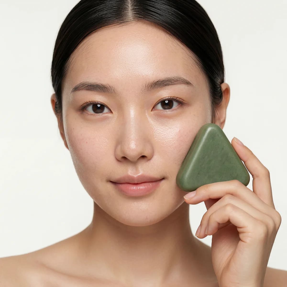 Close portrait of a woman holding the HARU Scalp Bar