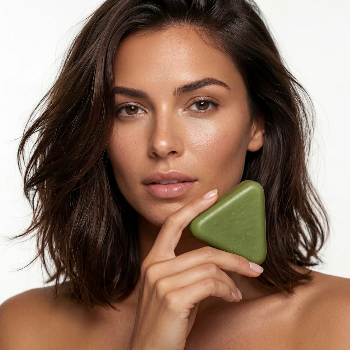 Brunette holding the HARU Scalp Bar against her jaw