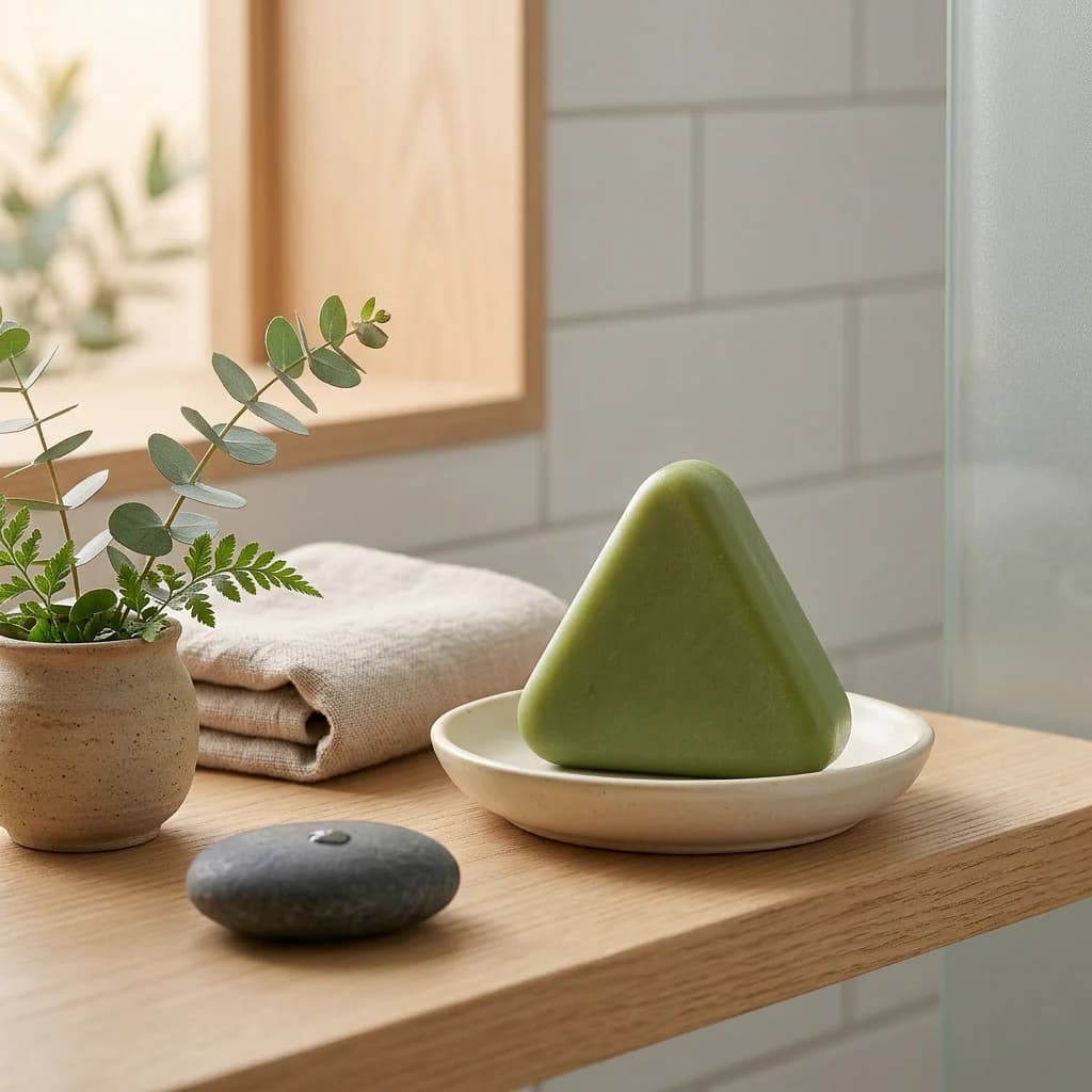 The HARU Scalp Bar on a stoneware dish with eucalyptus and a folded linen towel